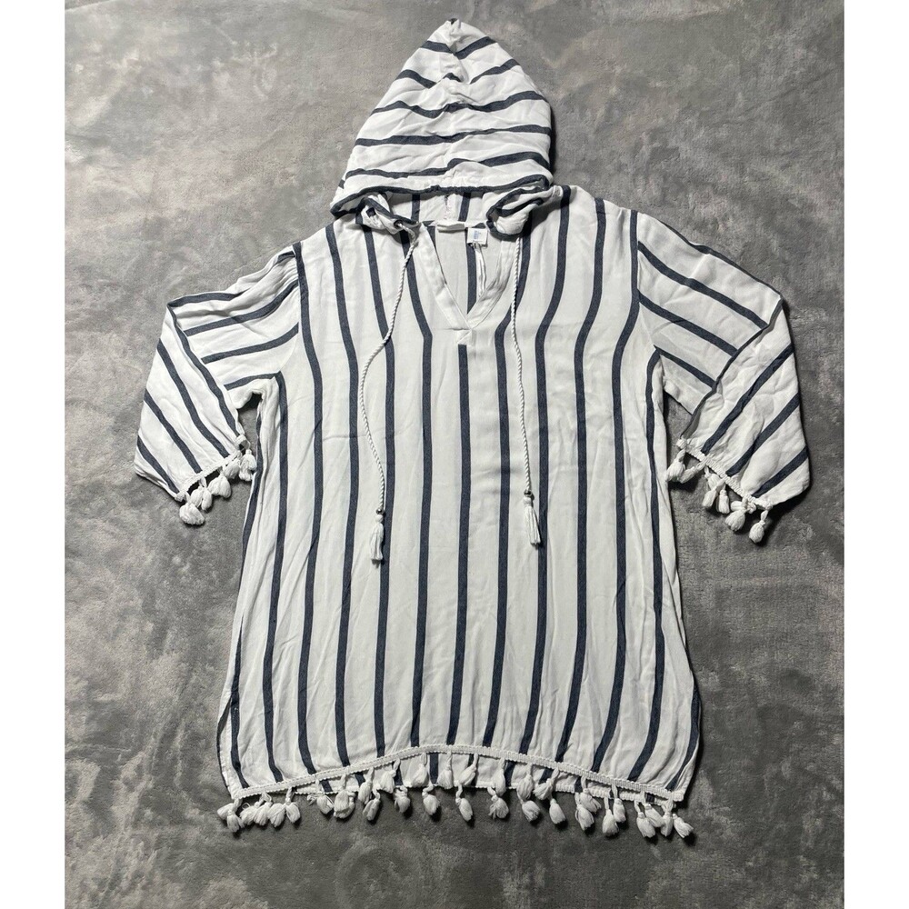 Sigrid Olsen Hooded Beach Cover Up Size L White Blue Stripes Tassels Linen Blend